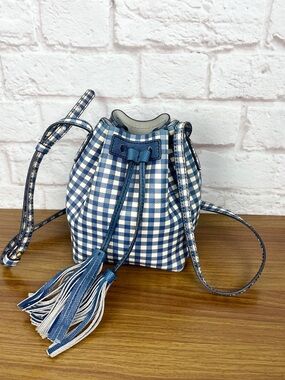 J. Crew Blue Gingham Leather Crossbody Mini Bucket Bag